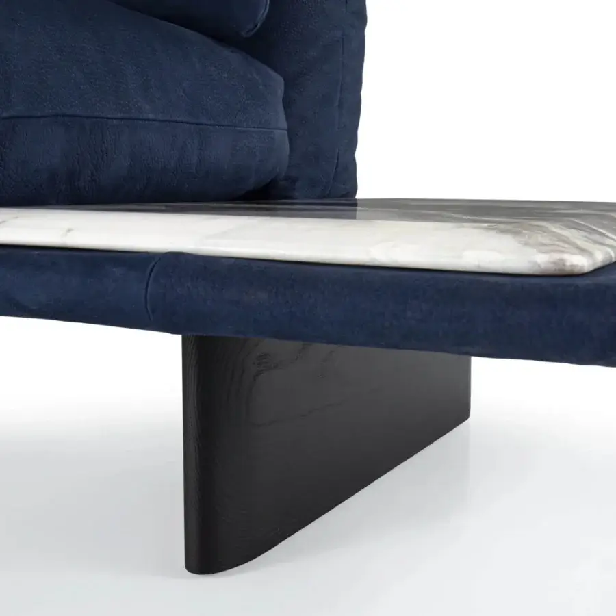 Exceptional Borzalino Connor sofa with deep navy velvet textile, cool grey-veined marble tabletop and solid canaletto walnut base crafted in Italy