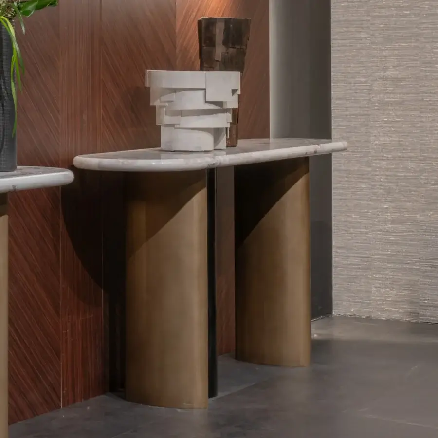 Architectural Zanaboni Cloud console with oval marble top and satin bronze metal pillars in glossy black lacquer