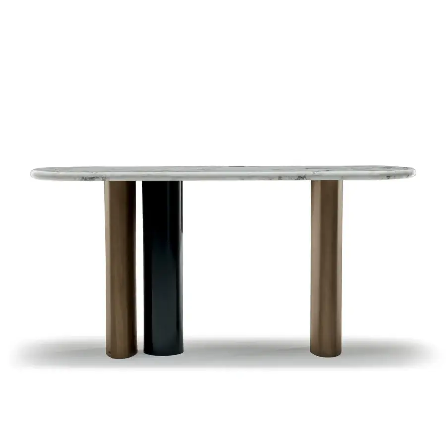 Distinguished Zanaboni Cloud console with oval marble top and satin bronze metal pillars in glossy black lacquer