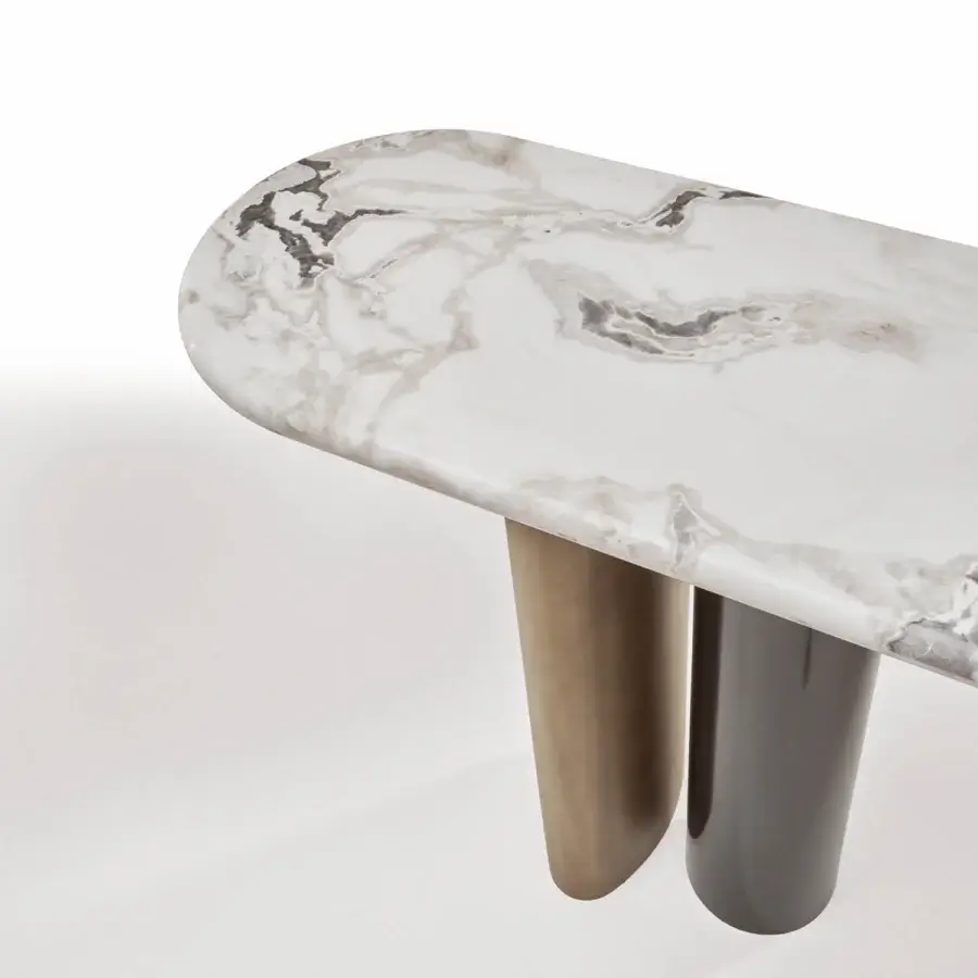 Distinguished Zanaboni Cloud console with white marble top and satin bronze metal built with glossy black lacquer