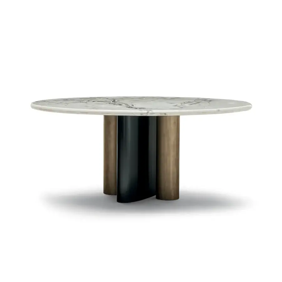 Distinguished Zanaboni Cloud table with sculpted grey veined marble and satin bronze pedestal built with glossy black lacquer