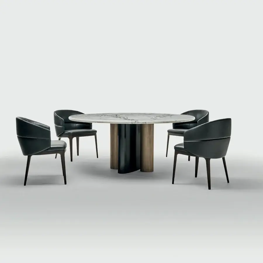 Elegant Zanaboni Cloud table with grey veined marble top and satin bronze cylindrical legs crafted in Italy