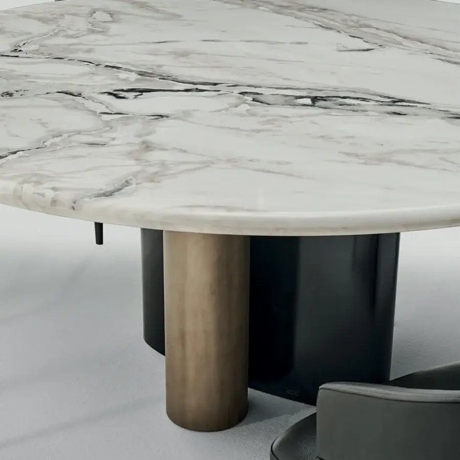 Superior Zanaboni Cloud table with monumental grey veined marble top and satin bronze metal legs in glossy finish