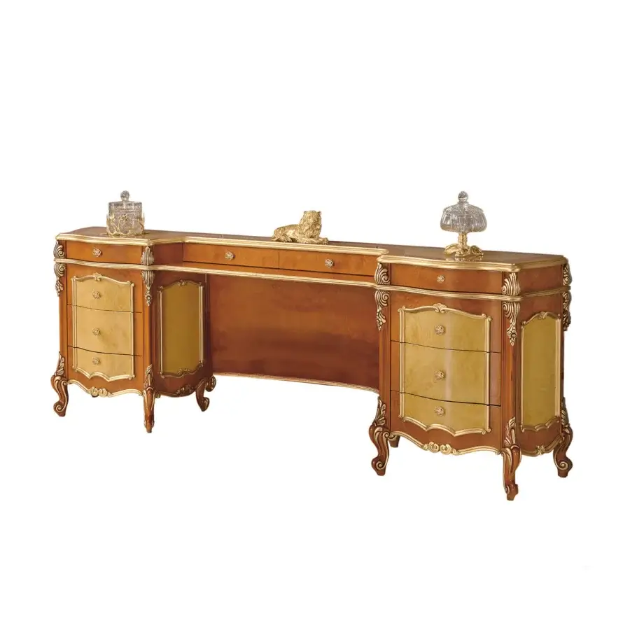 Lavish Modenese Royal Blend vanity built in wood with glossy reddish-brown and creamy-yellow panels plus gilded metal accents