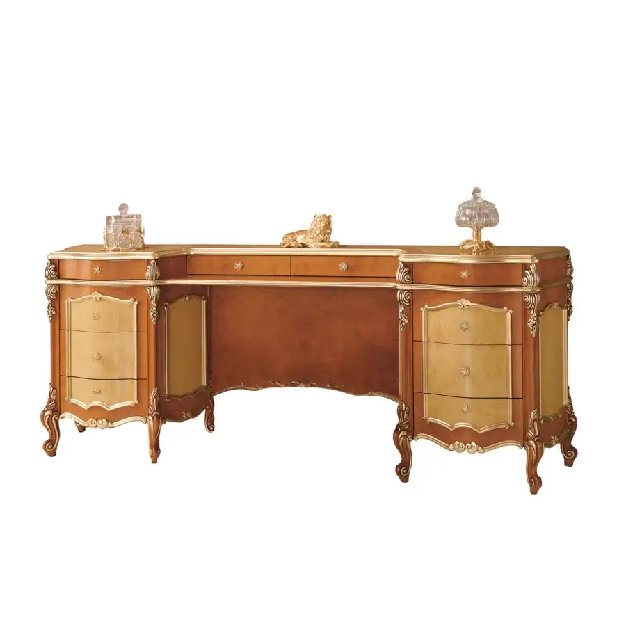 Superior Modenese Royal Blend vanity built in wood with creamy yellow and gilded detailing plus high-gloss polish