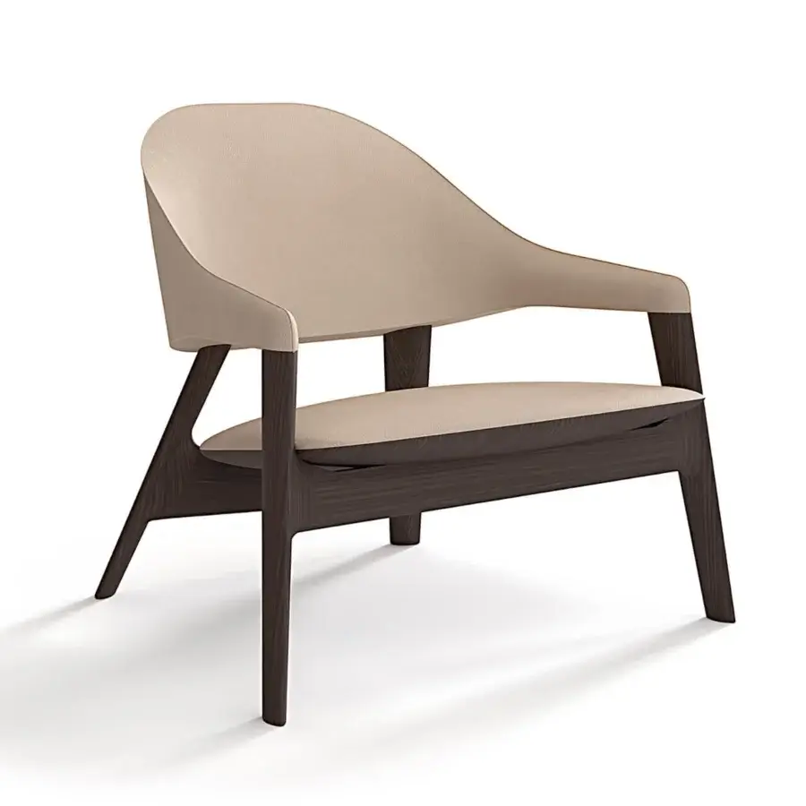 Sophisticated Zanaboni Egle lounge chair built with sculpted wood and smooth light beige leather upholstery in a satin finish