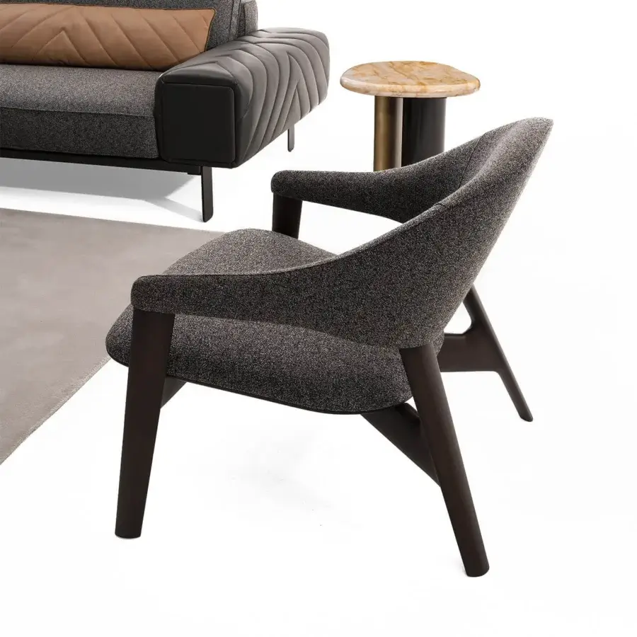 Handcrafted Zanaboni Egle lounge chair with dark gray leather upholstery and satin-finish dark brown wood legs