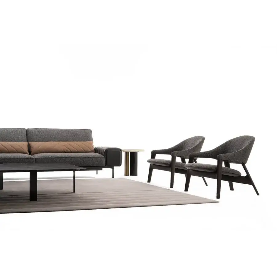 Exceptional Zanaboni Egle lounge chair built with sculpted wood and medium gray textured textile with a satin finish