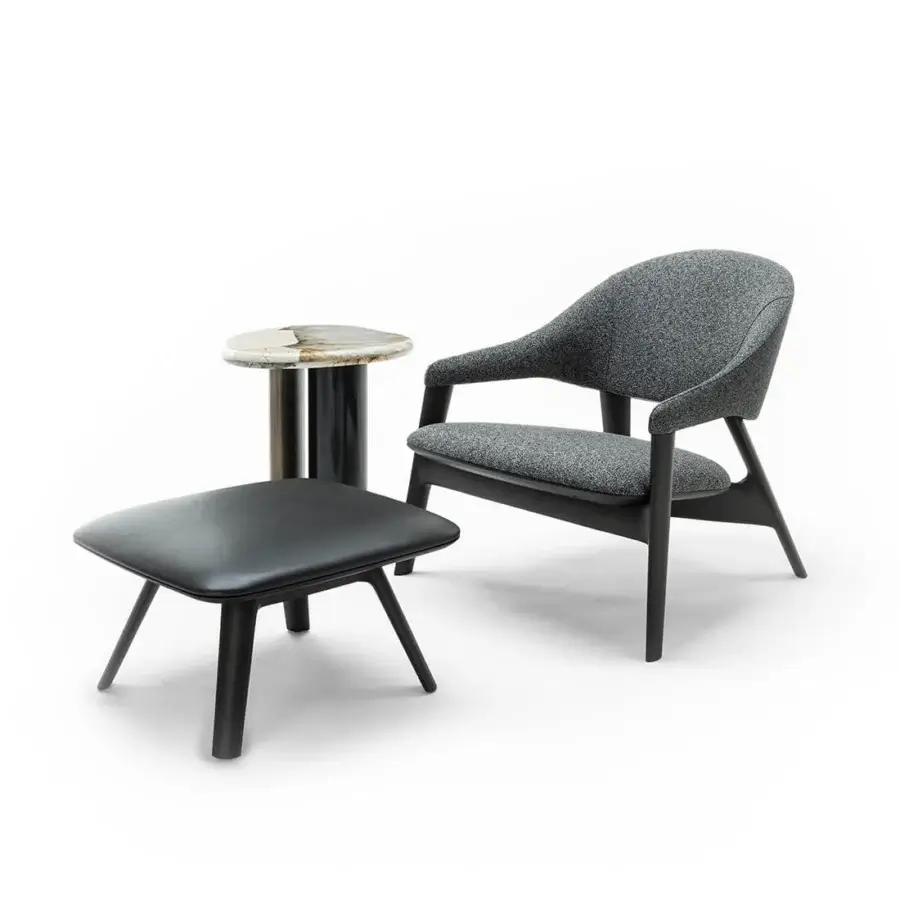 Distinguished Zanaboni Egle lounge chair crafted with sculpted solid wood and gray speckled textile upholstery in a dark matte finish