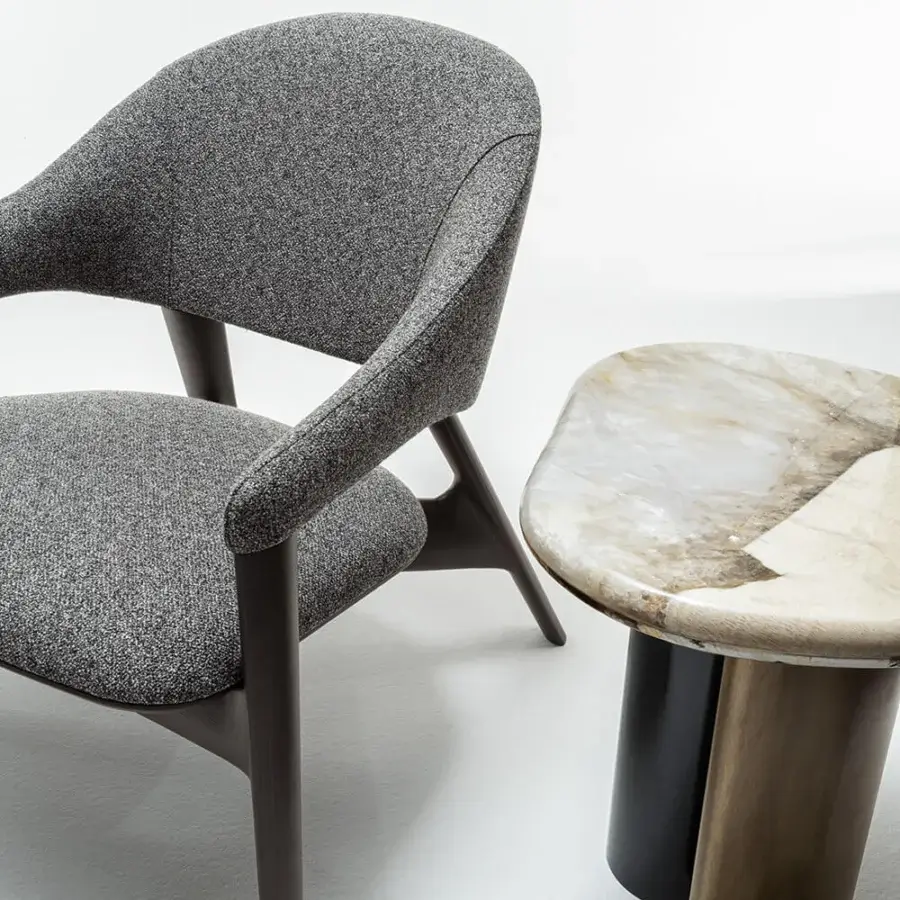 Exceptional Zanaboni Egle lounge chair crafted with sculpted solid wood and premium gray leather upholstery with a satin finish