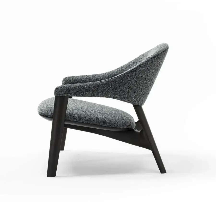 Elegant Zanaboni Egle lounge chair built with sculpted solid wood and luxurious premium leather upholstery in medium gray with a matte black finish