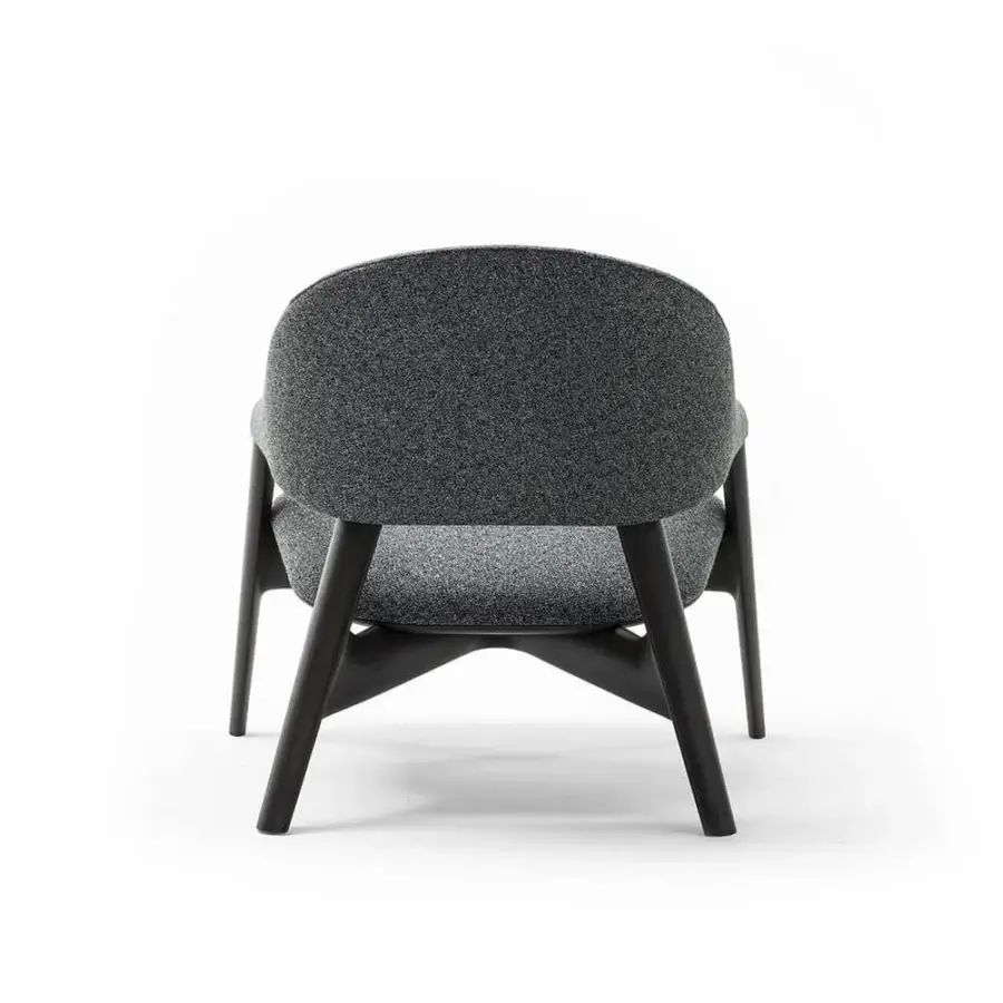 Distinguished Zanaboni Egle lounge chair crafted with sculpted solid wood and luxurious premium leather upholstery in gray tones with matte black legs