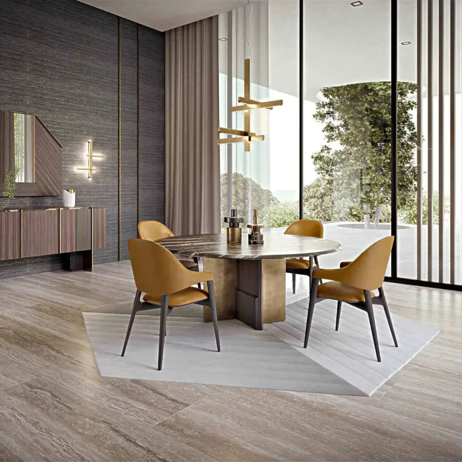 Superior Zanaboni Egle armchair with sculptural solid wood and vibrant mustard-yellow leather upholstery with satin-finish metal legs