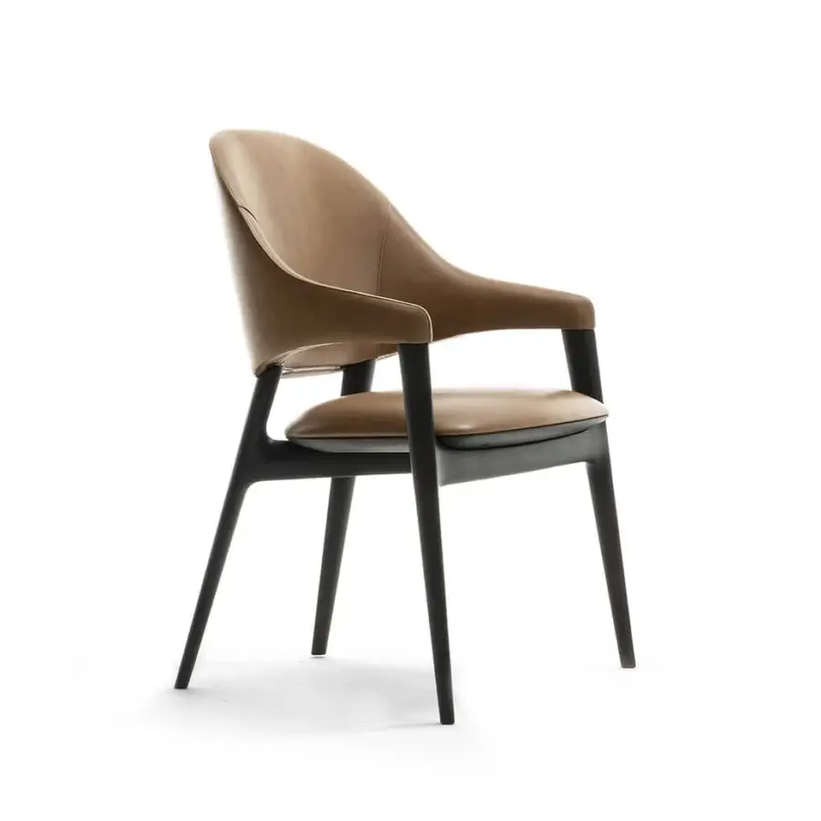 Exceptional Zanaboni Egle armchair built with sculptural solid wood and premium medium-brown leather with a matte finish