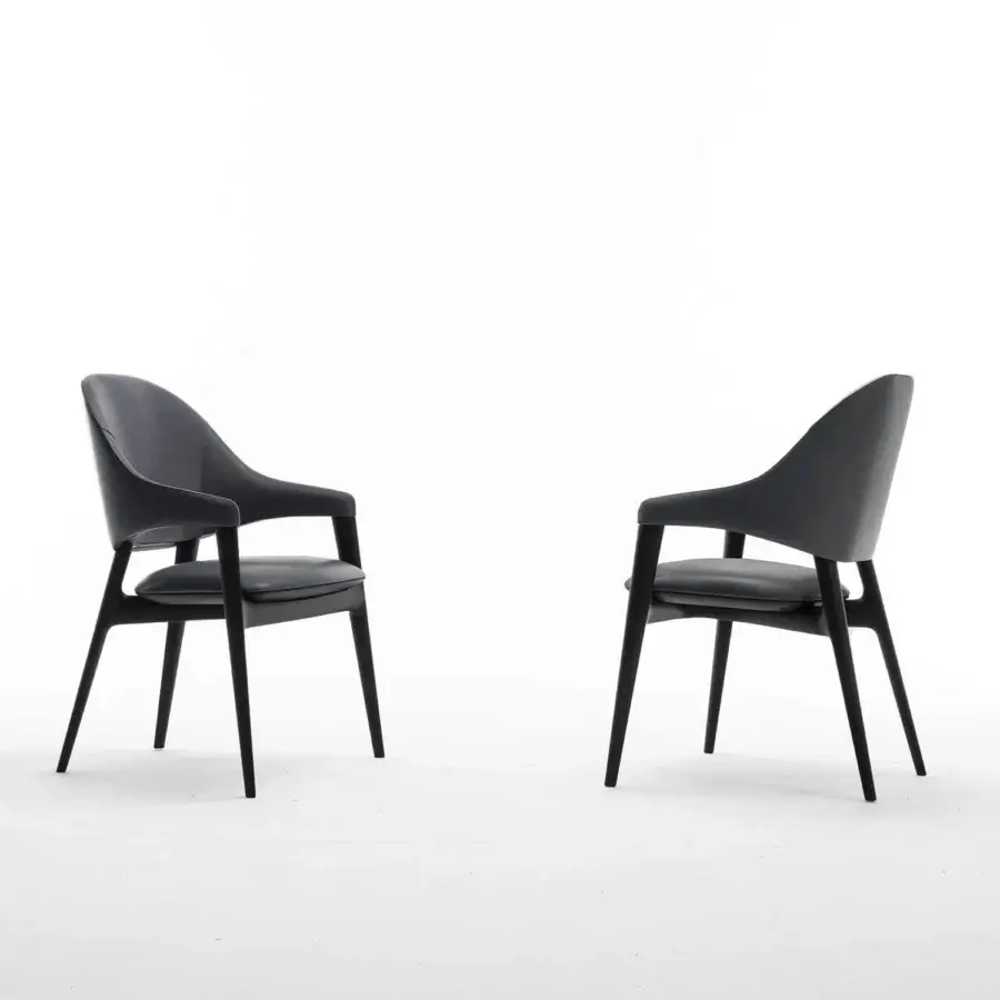 Elegant Zanaboni Egle armchair with sculptural solid wood and premium dark gray leather upholstery in matte finish