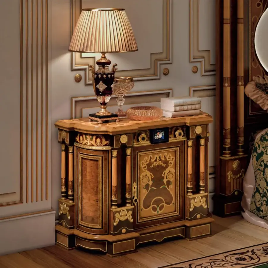 Exquisite Armando Rho A1418 nightstand crafted in walnut Persian burl, cherry wood, and amaranth with a glossy finish