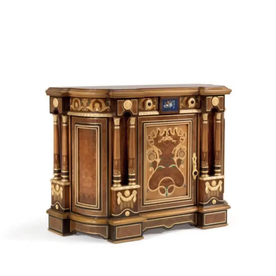 Distinguished Armando Rho A1418 nightstand crafted in walnut Persian burl, cherry wood, and amaranth with a satin finish and semi-precious stone details