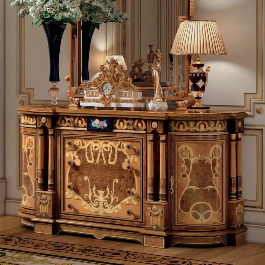 Lavish Armando Rho A1419 dresser crafted in walnut Persian burl, cherry wood and amaranth with reddish-brown finish and semi-precious stone inserts