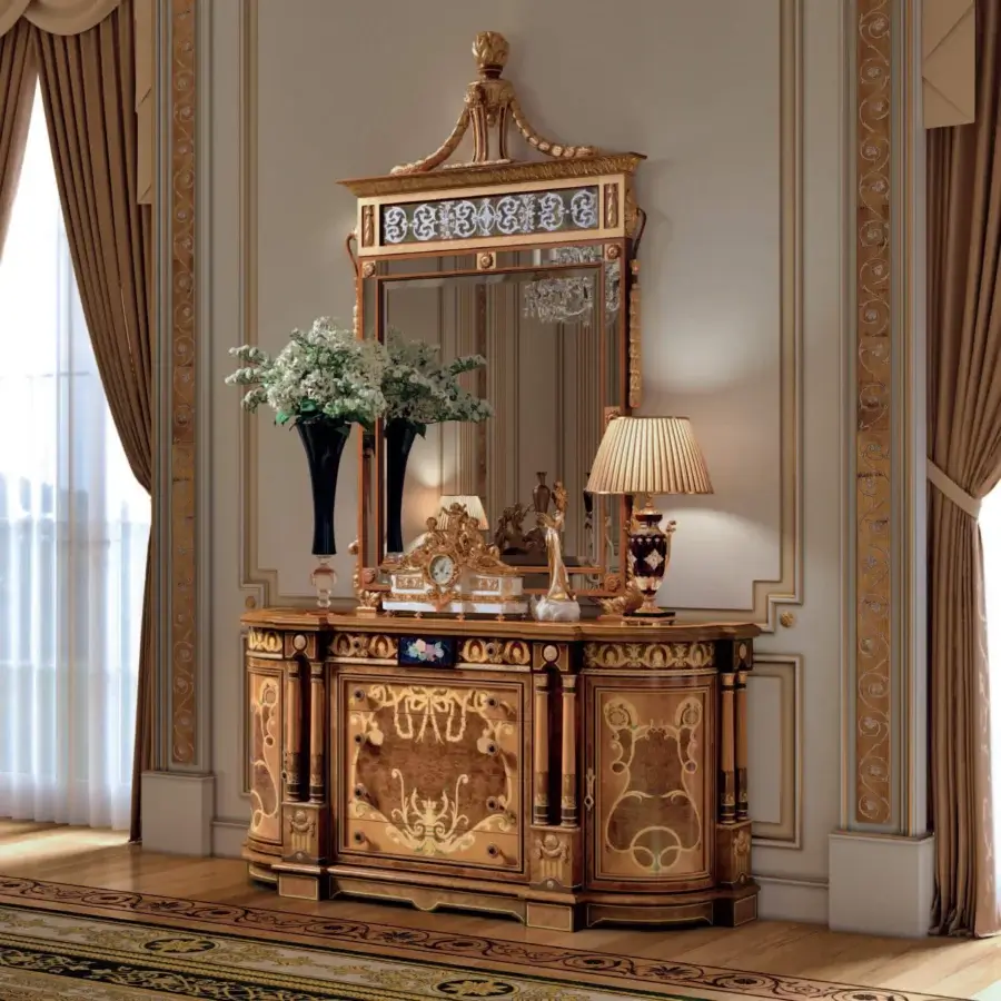 Distinguished Armando Rho A1419 dresser crafted in walnut Persian burl, cherry wood and amaranth with glossy finish