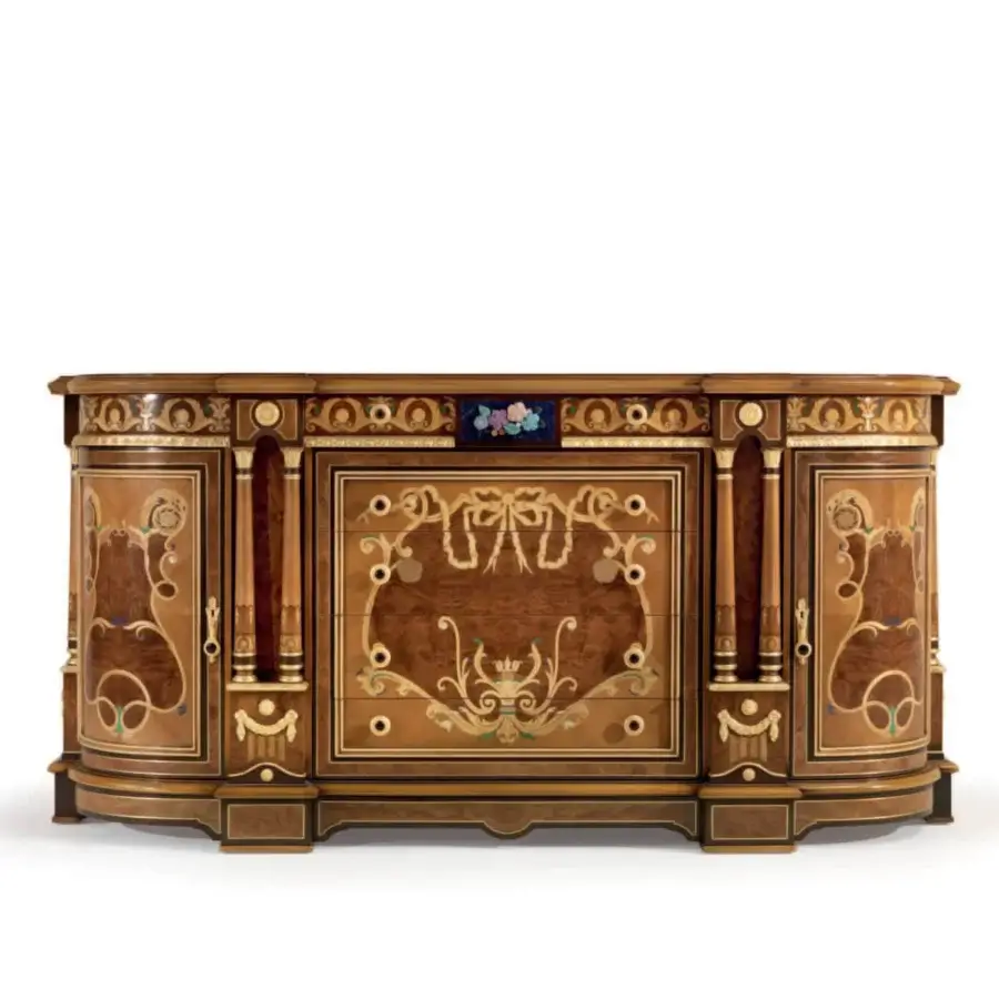 Exceptional Armando Rho A1419 dresser crafted in walnut Persian burl, cherry wood, and amaranth with glossy finish