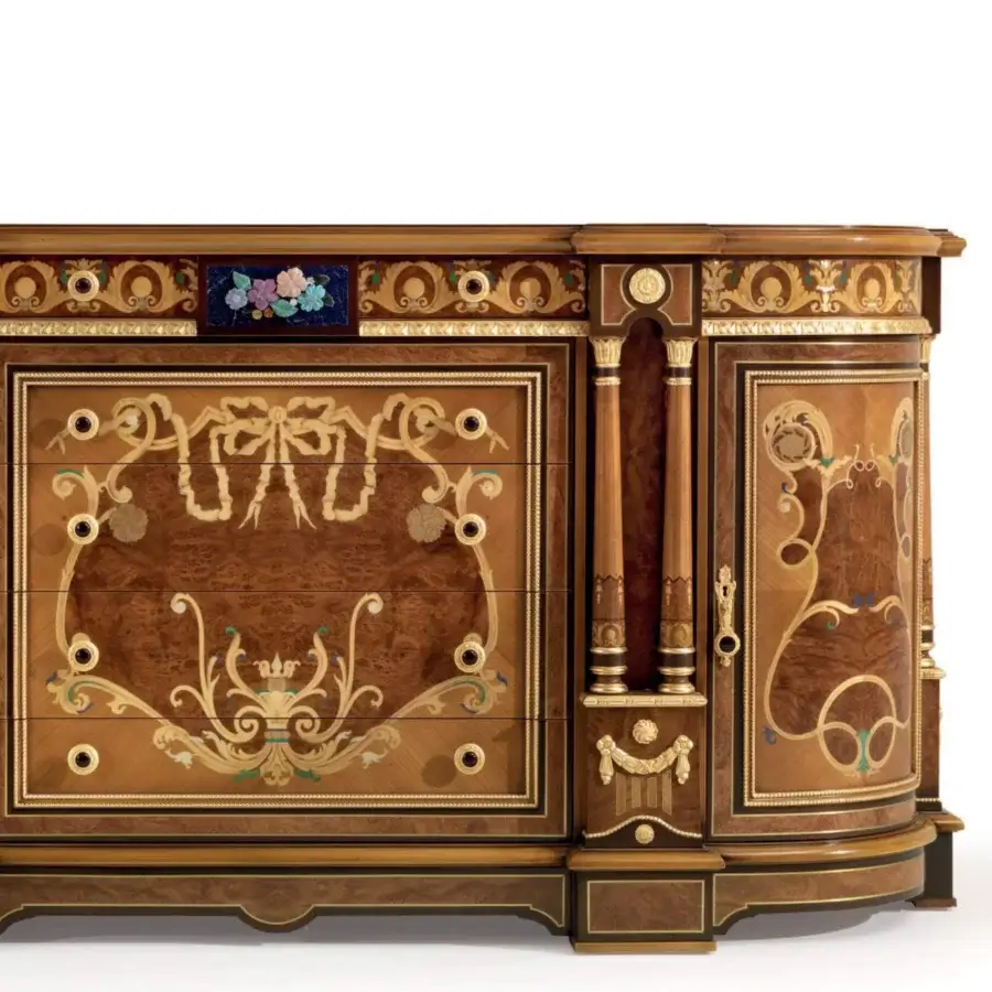 Distinguished Armando Rho A1419 dresser built in walnut Persian burl, cherry wood, and amaranth with lustrous marqueterie inlays and gilded accents