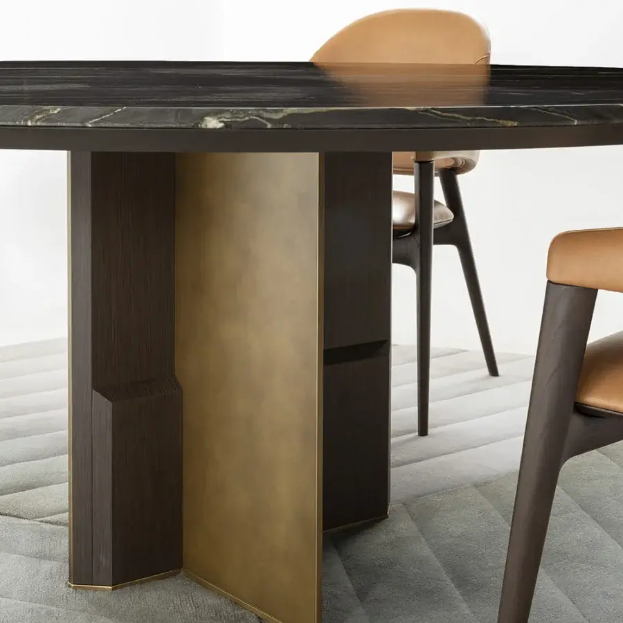 Superior Zanaboni Kalos table with polished stone tabletop and medium-dark wood base crafted with golden metal insets and satin finish