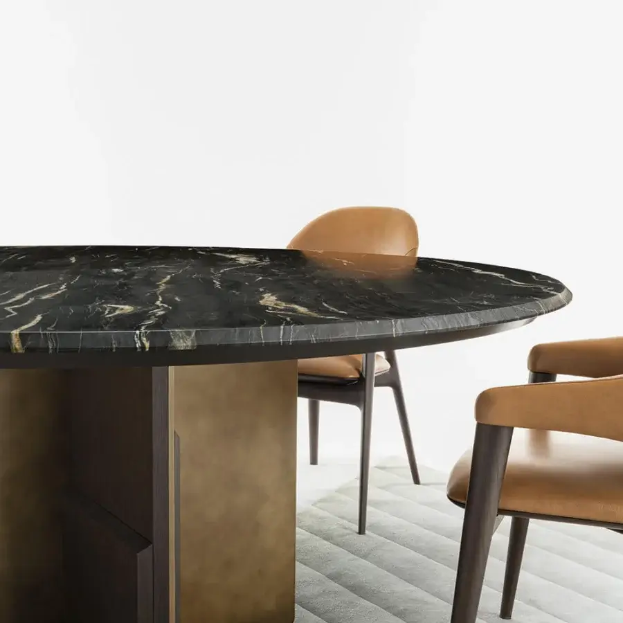 Lavish Zanaboni Kalos table with polished black marble tabletop and warm-toned wood base crafted in Italy