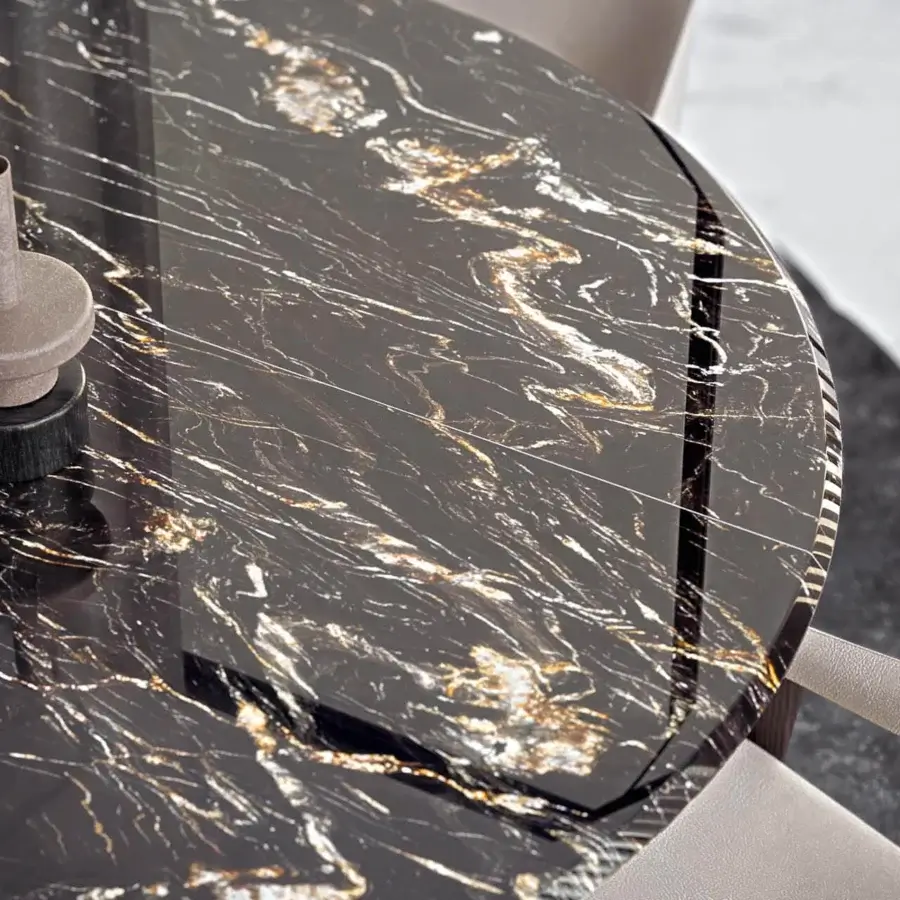 Distinguished Zanaboni Kalos table with polished marble tabletop and sculptural stacked pedestal base crafted in a smooth matte finish