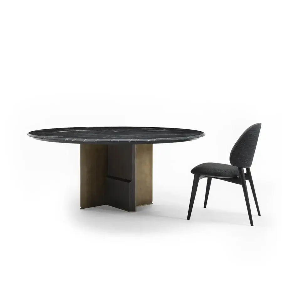 Superior Zanaboni Kalos table with dark marble tabletop and geometric dark brown plus muted gold toned base