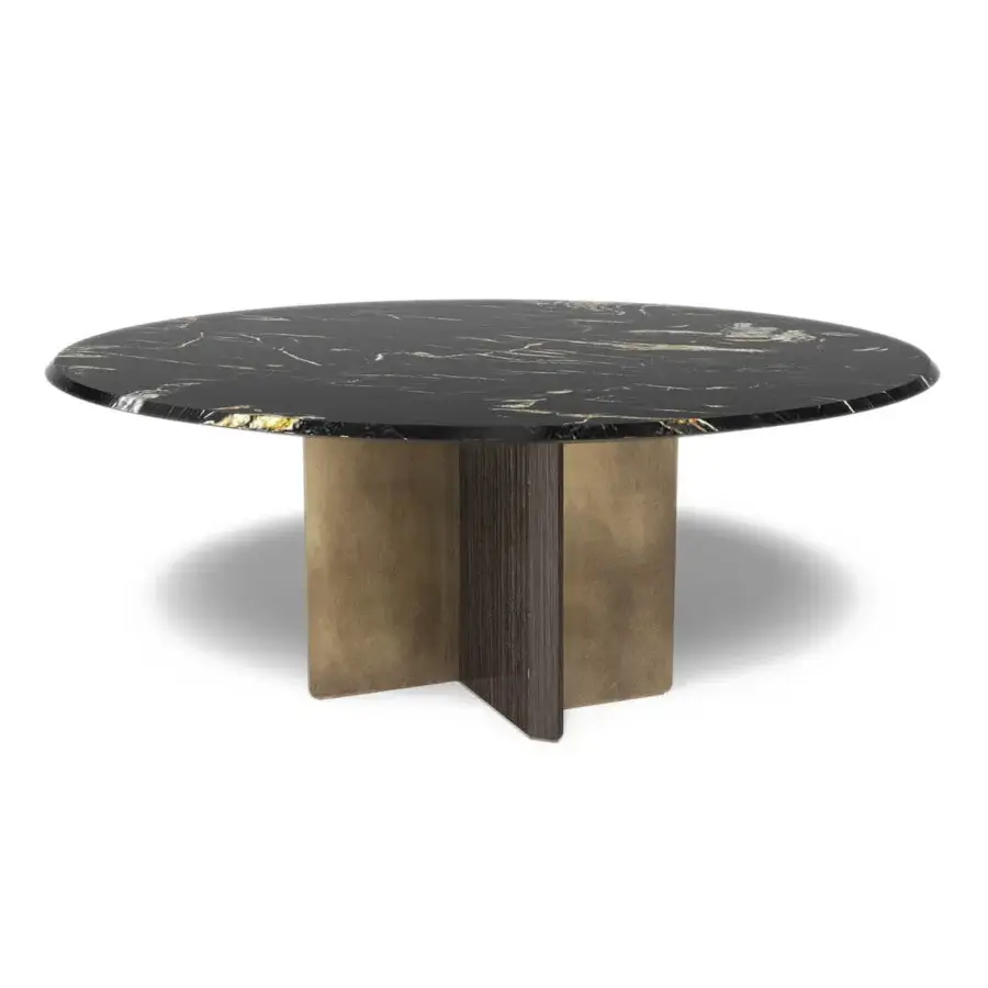 Elegant Zanaboni Kalos table with dark marble tabletop exhibiting golden veining and polished finish built with wood and satin gold-finished metal