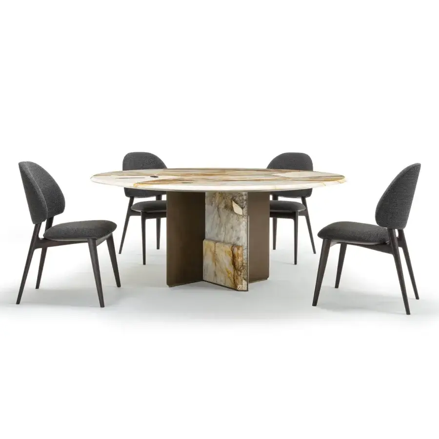 Exceptional Zanaboni Kalos table with a circular tabletop exhibiting translucent amber and white marble and a muted bronze-finished metal base