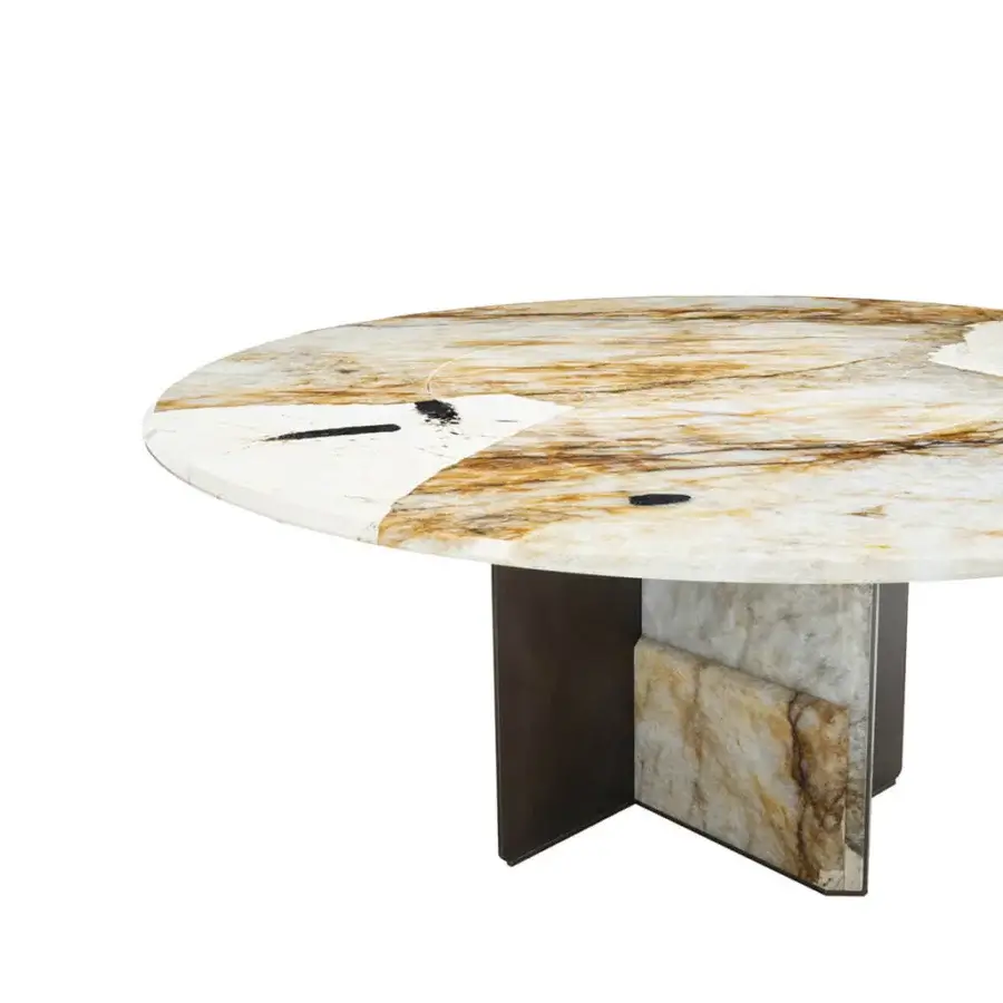 Superior Zanaboni Kalos table with a circular translucent marble tabletop exhibiting amber, white, and grey veining crafted in dark-toned metal