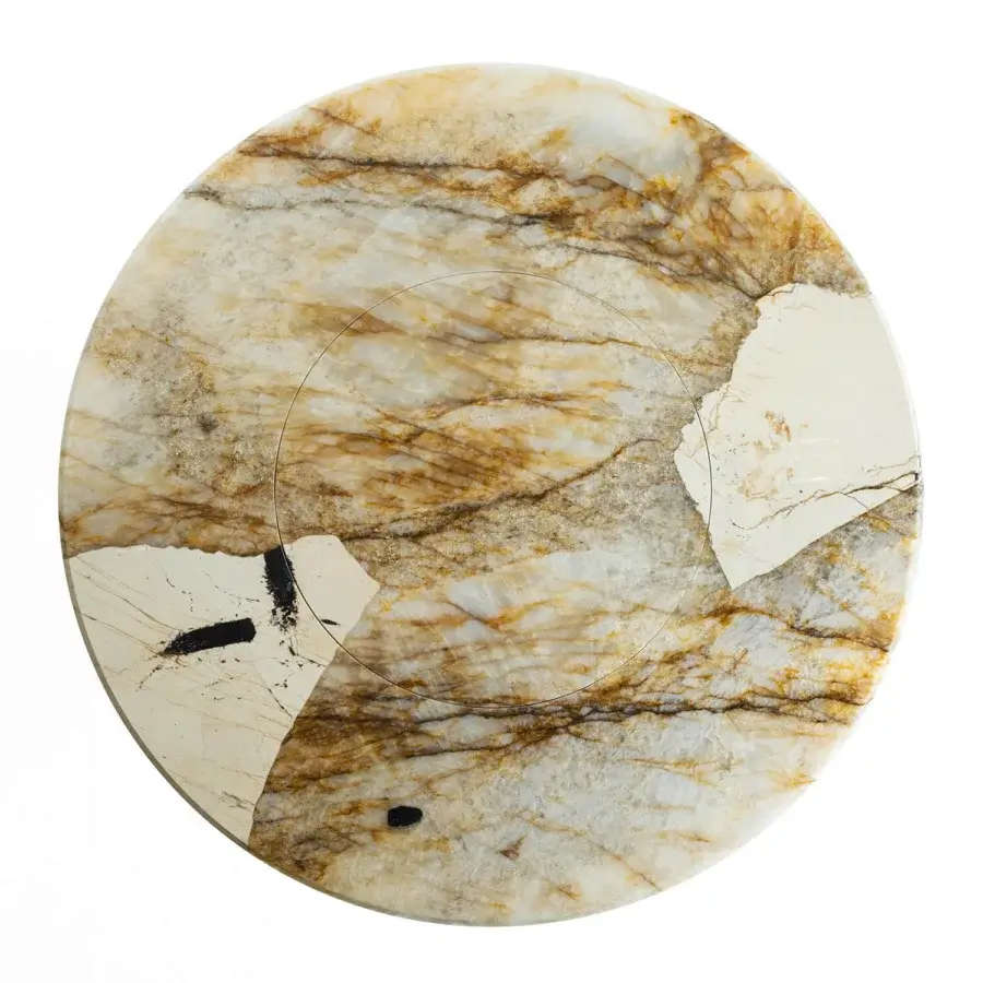Lavish Zanaboni Kalos table with a circular marble top exhibiting beige, gold, and brown swirling tones and a polished glossy finish