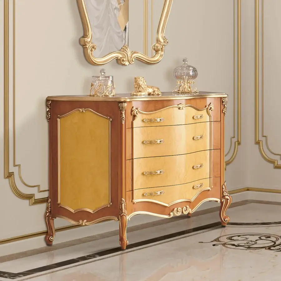 Superior Modenese Royal Blend dresser built with warm brown and golden yellow wood exhibiting polished carvings