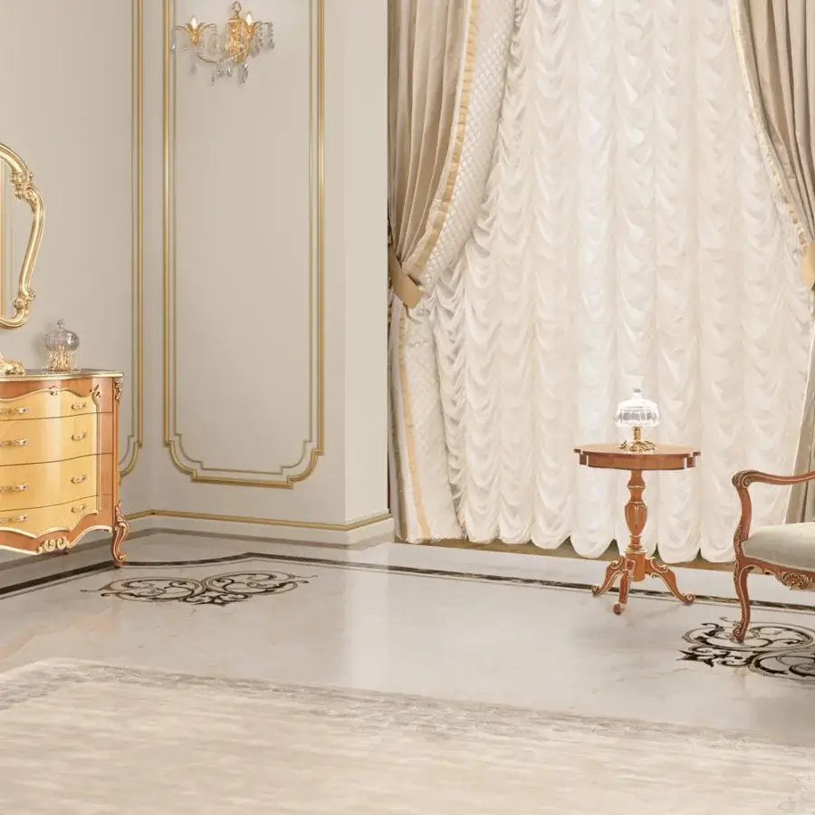 Lavish Modenese Royal Blend dresser crafted with honeyed gold wood exhibiting ornate gilded detailing and curved form