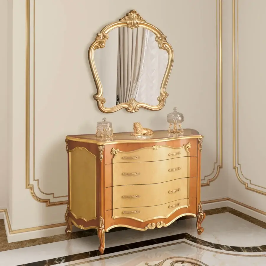 Distinguished Modenese Royal Blend dresser built with light golden-brown wood exhibiting polished finish and gilded metal accents