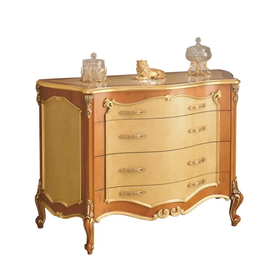 Exceptional Modenese Royal Blend dresser crafted with golden-yellow wood exhibiting a smooth polished finish and darker brown details