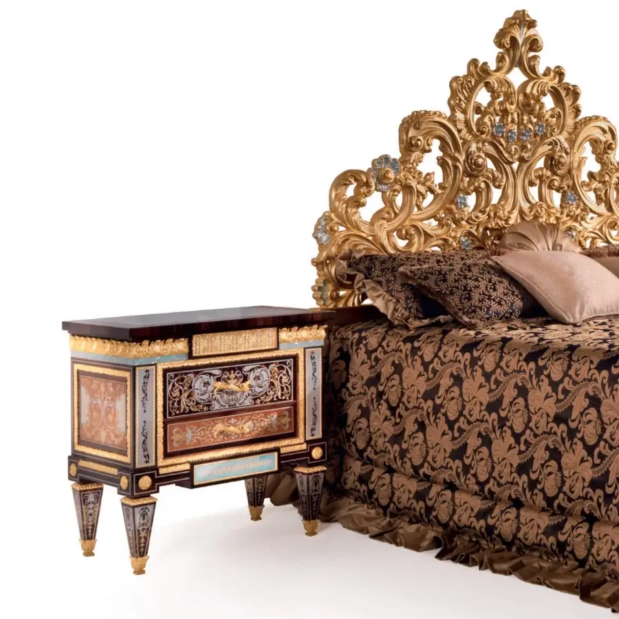 Lavish Armando Rho A1441 nightstand handcrafted with madrona burl, faux turtle shell, brass, and polished marble
