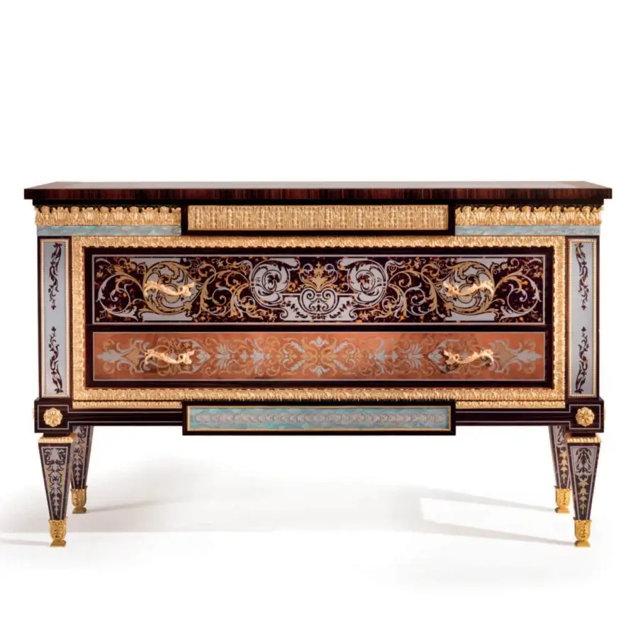 Exceptional Armando Rho A1442 dresser crafted in Italy with madrona burl, brass, and faux turtle shell finish