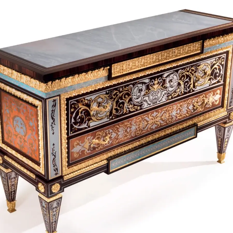 Traditional Armando Rho A1442 dresser crafted in Italy with madrona burl, marqueterie inlays, and a noble marble top