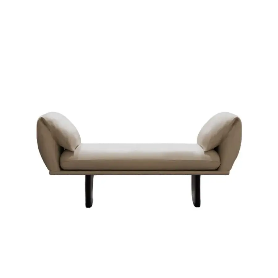 Refined Borzalino Connor Bench ottoman upholstered in fine leather with a light, floating effect from canaletto walnut sled bases