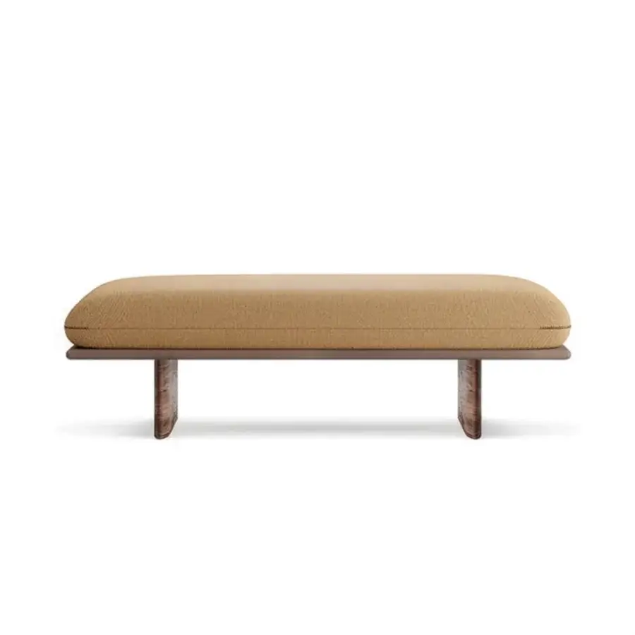 Distinguished Borzalino Connor Bench bench with golden-yellow textile upholstery and reddish-brown canaletto walnut finish