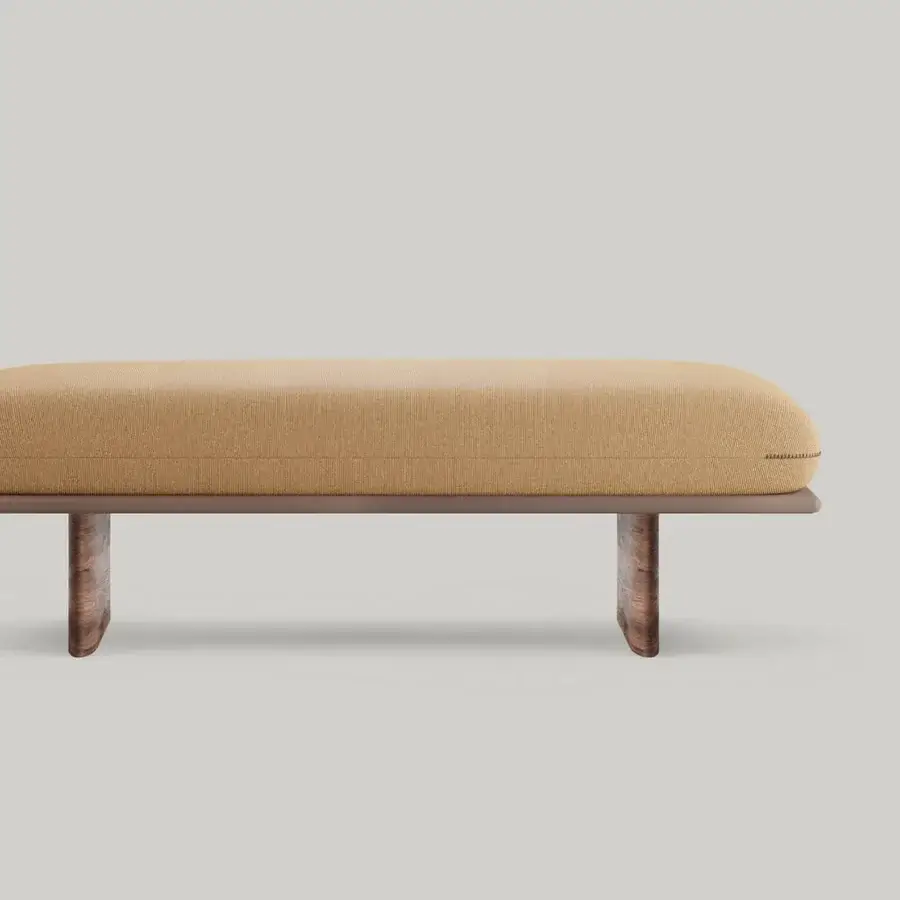 Exceptional Borzalino Connor Bench bench crafted with sandy beige woven textile upholstery and darker brown wood frame