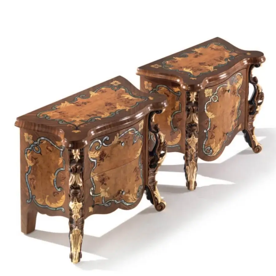 Exquisite Armando Rho A1380 nightstand crafted in ribbon stripe walnut and myrtle burl with lustrous marqueterie inlays and gilded legs