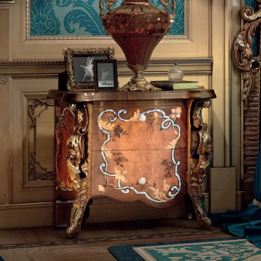 Lavish Armando Rho A1380 nightstand handcrafted in ribbon stripe walnut and myrtle burl with mother of pearl marqueterie inlays