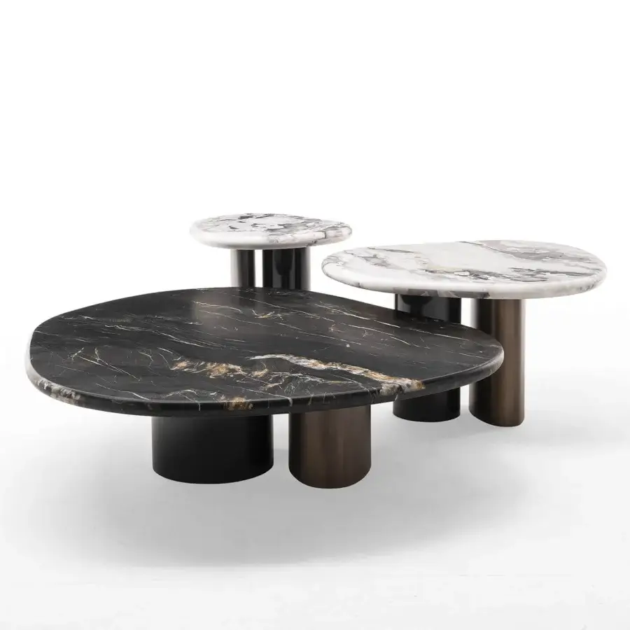 Exceptional Zanaboni Cloud side table crafted with polished marble displaying dark grey and gold veining with a brushed black metal base