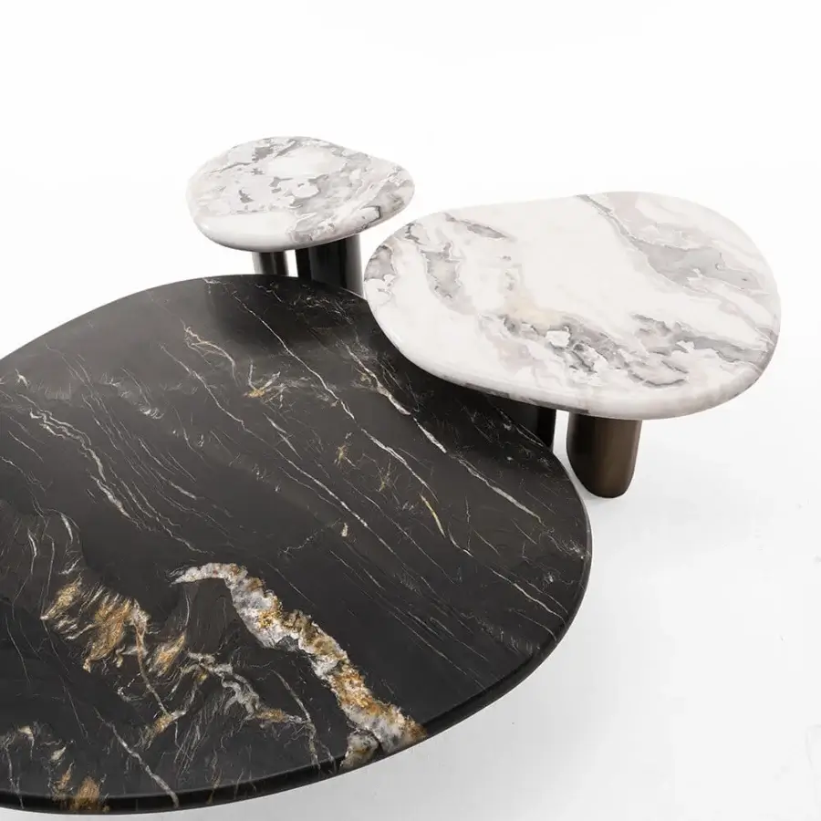 Distinguished Zanaboni Cloud side table with dark marble displaying white and gold veining in brushed black metal and cloudy silver finish