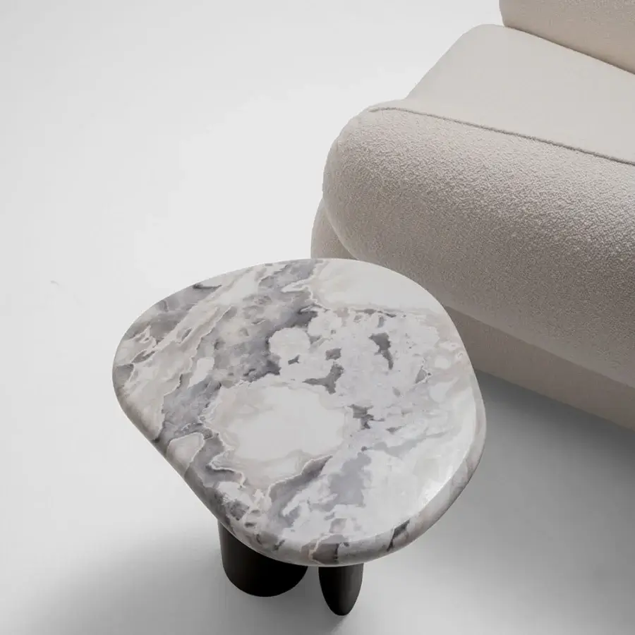 Superior Zanaboni Cloud side table with swirling gray and white marble plus brushed black metal and cloudy silver legs