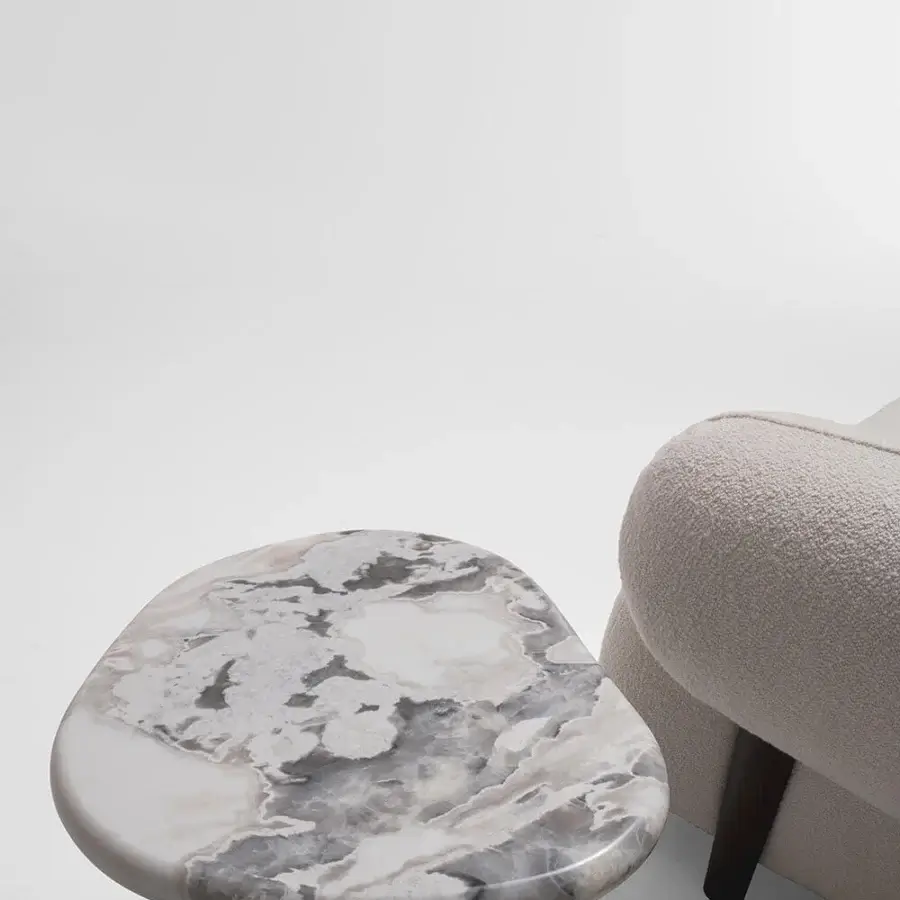 Elegant Zanaboni Cloud side table with white marble displaying grey veining and a dual-tone brushed black metal plus cloudy silver base