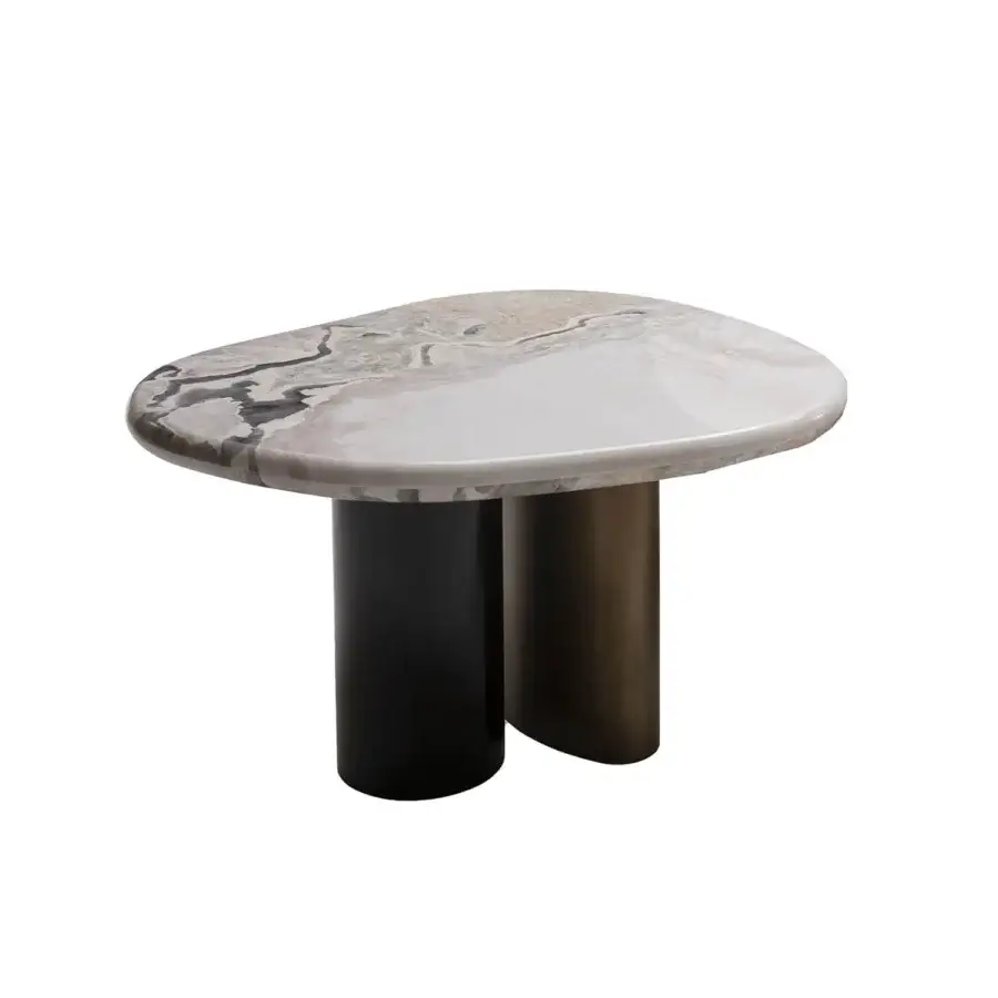 Elegant Zanaboni Cloud coffee table with grey, beige, and brown veined marble and brushed black metal with cloudy silver support